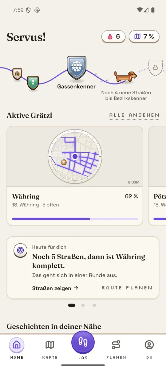 Strolly-Startseite: „Servus!“, dein Weg mit Abzeichen und die aktiven Grätzl.