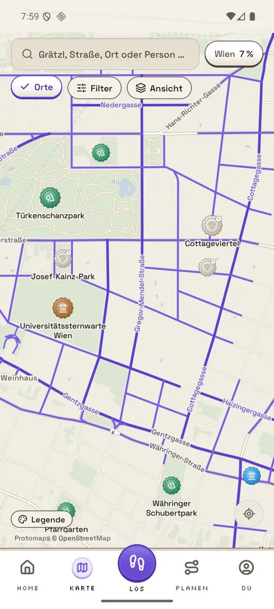Strolly-Karte: die Straßen, die du gegangen bist, in Violett.